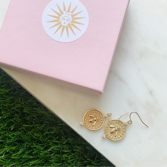 Gold Artemis bee Lira coin micropave earrings - Picture 3 of 4